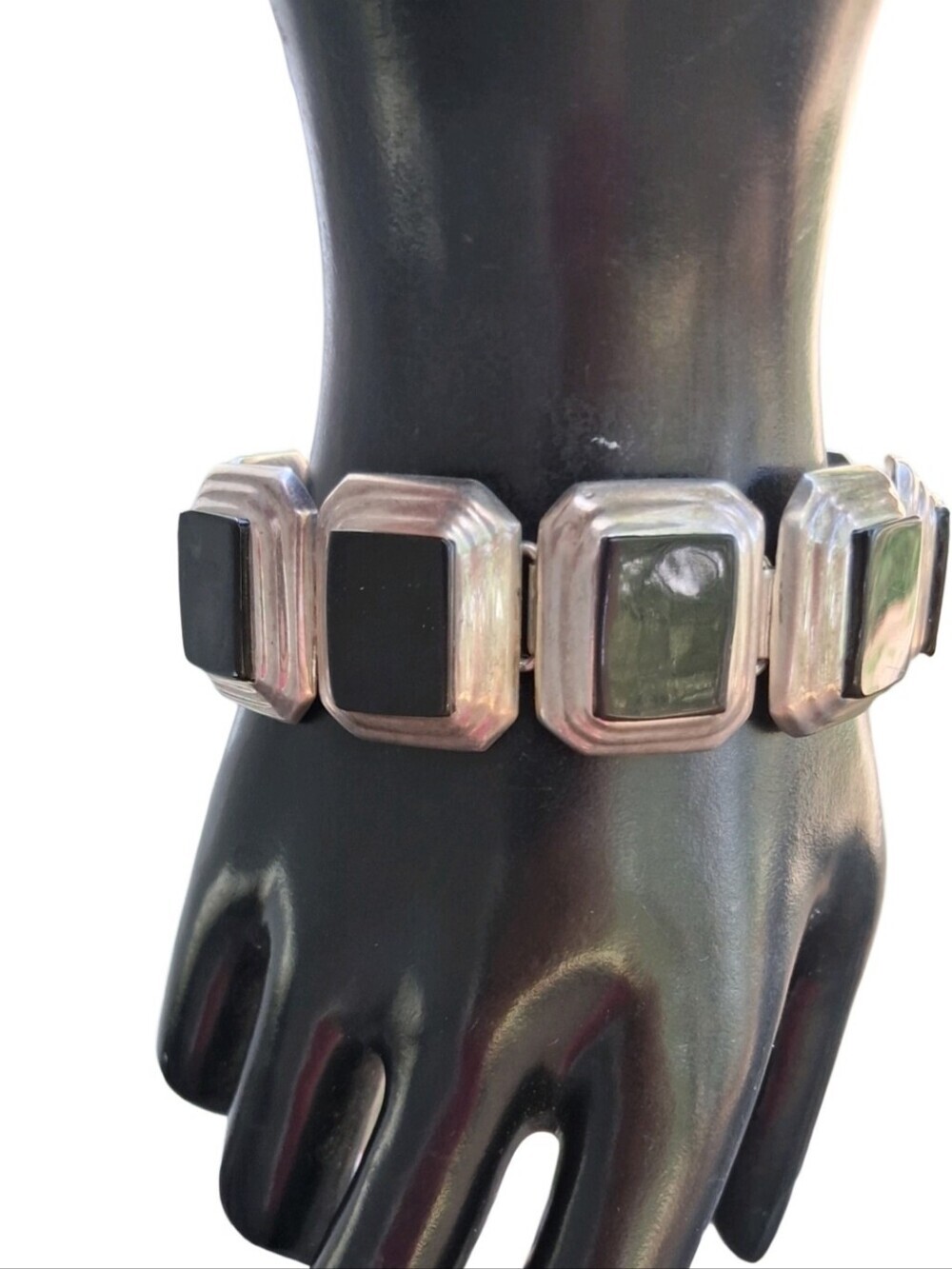 VINTAGE MEXICO 925 Sterling Silver Black Lucite Acrylic Panel Link Bracelet
